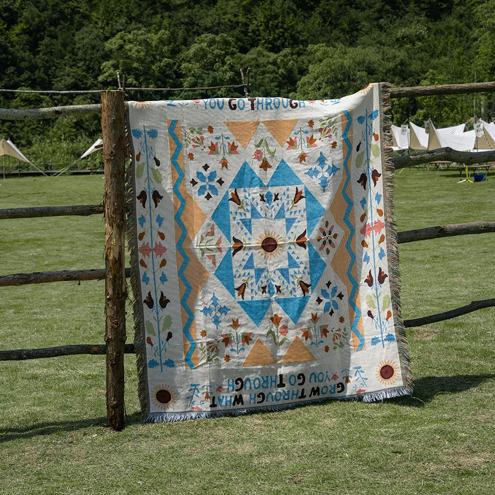 Hippie, Summer of Love, Boho, Geometric Shape Knit Blanket Cotton Linen