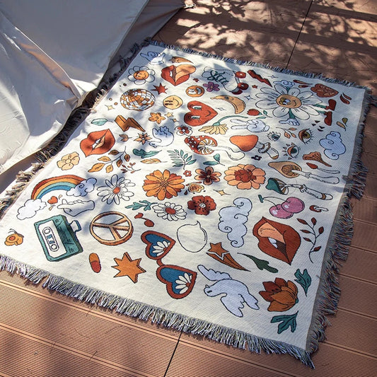 Hippie, Summer of Love, Boho, Geometric Shape Knit Blanket Cotton Linen