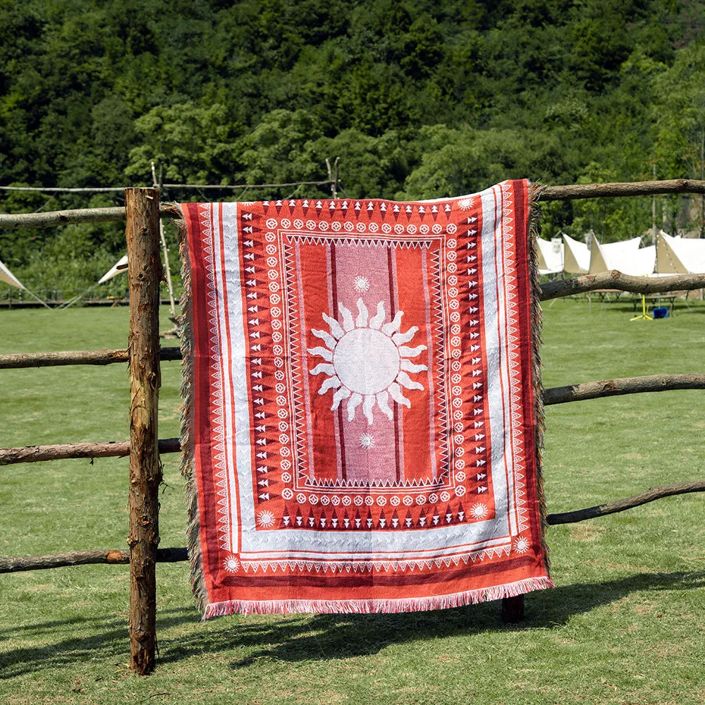 Hippie, Summer of Love, Boho, Geometric Shape Knit Blanket Cotton Linen