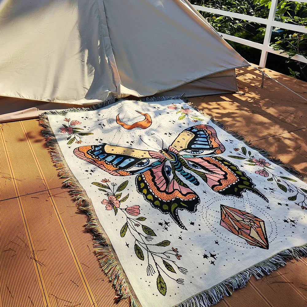 Hippie, Summer of Love, Boho, Geometric Shape Knit Blanket Cotton Linen