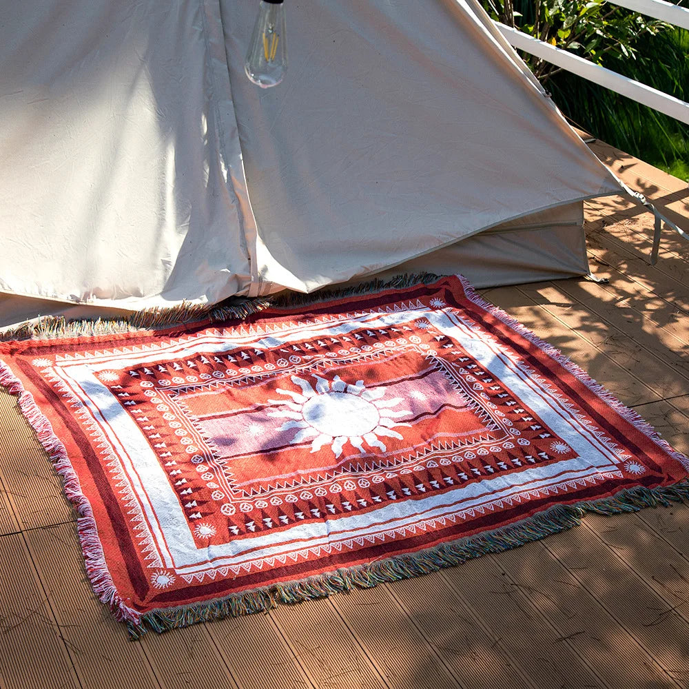 Hippie, Summer of Love, Boho, Geometric Shape Knit Blanket Cotton Linen