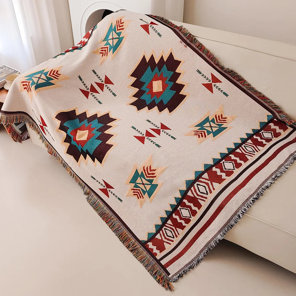 Oversized Boho Throw Blanket with Fringe, Southwestern Geometric Tapestry Vintage Woven Throw Blankets, Double-Sided