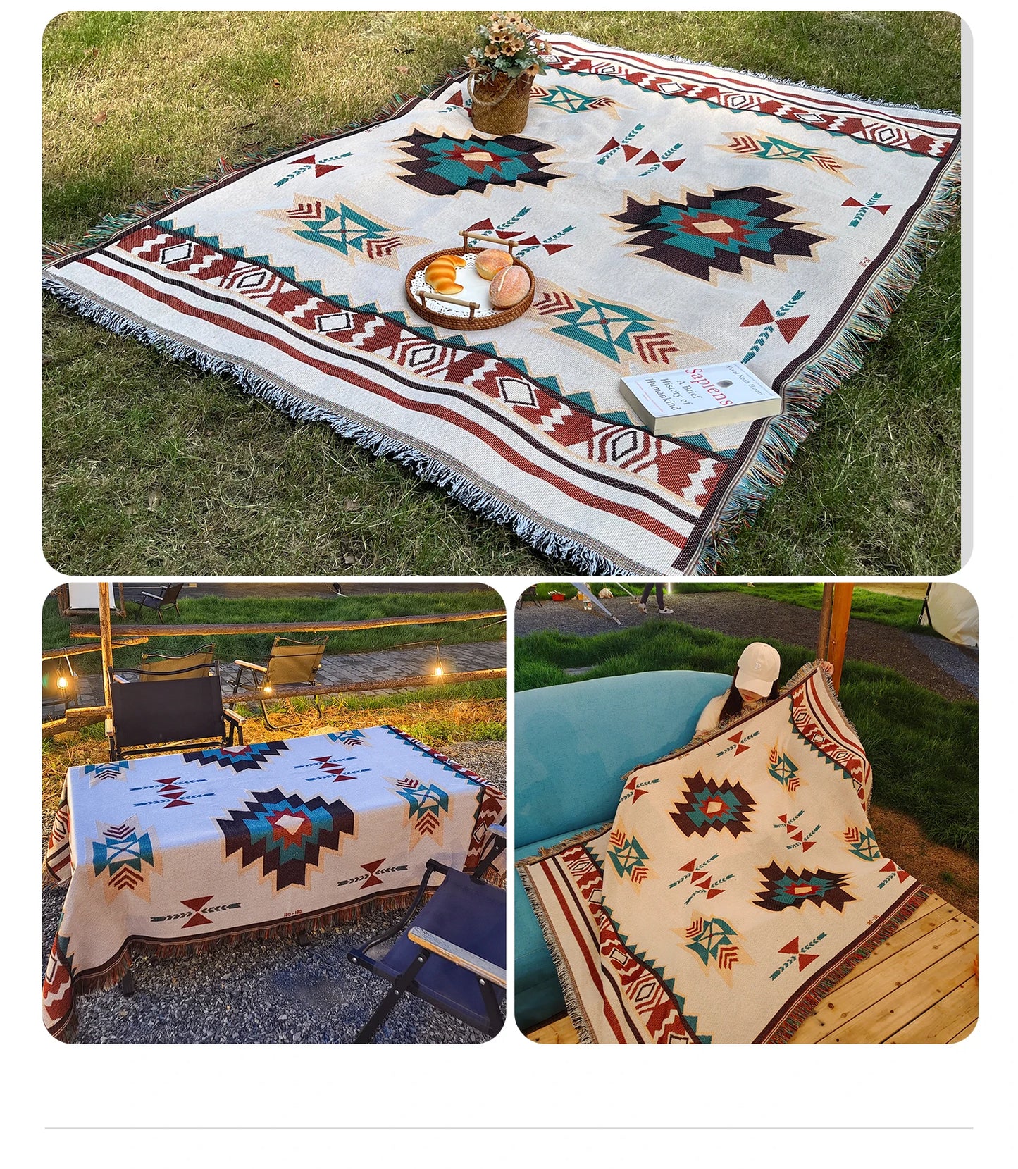 Oversized Boho Throw Blanket with Fringe, Southwestern Geometric Tapestry Vintage Woven Throw Blankets, Double-Sided