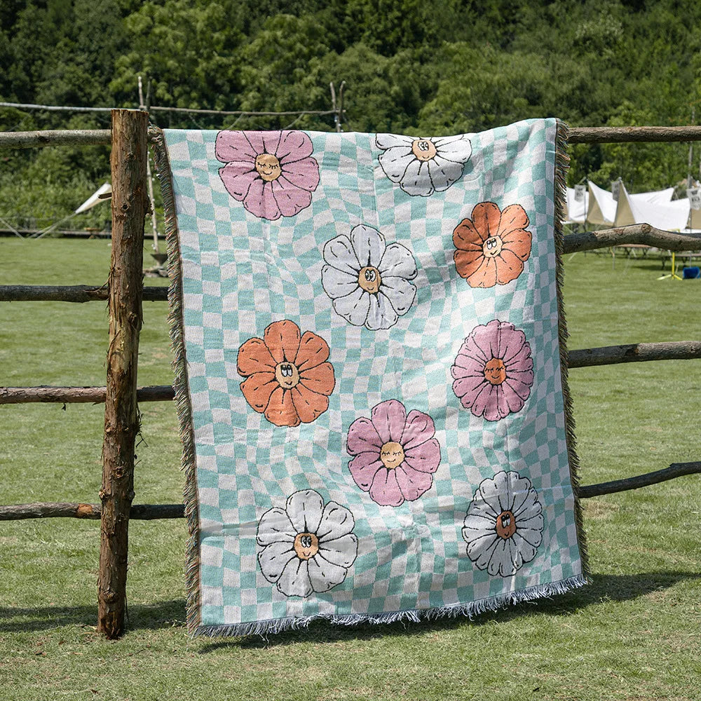 Hippie, Summer of Love, Boho, Geometric Shape Knit Blanket Cotton Linen