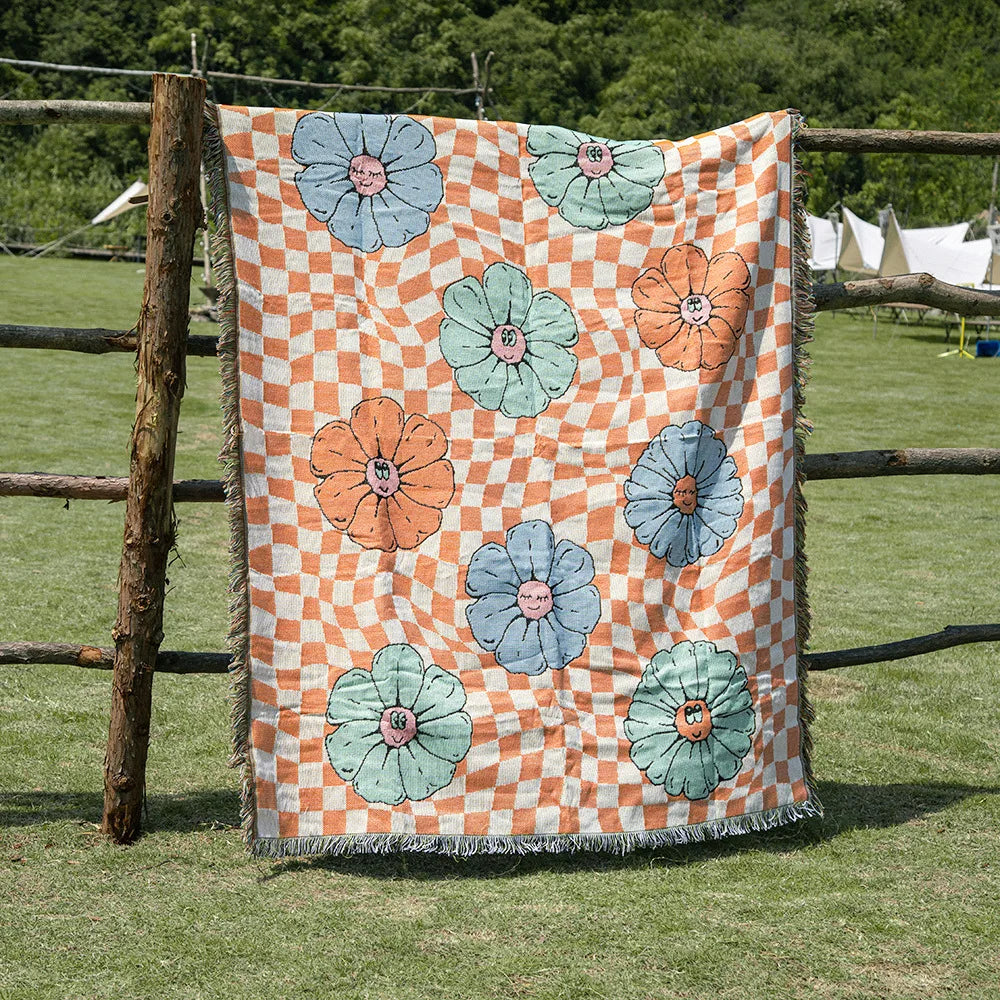 Hippie, Summer of Love, Boho, Geometric Shape Knit Blanket Cotton Linen