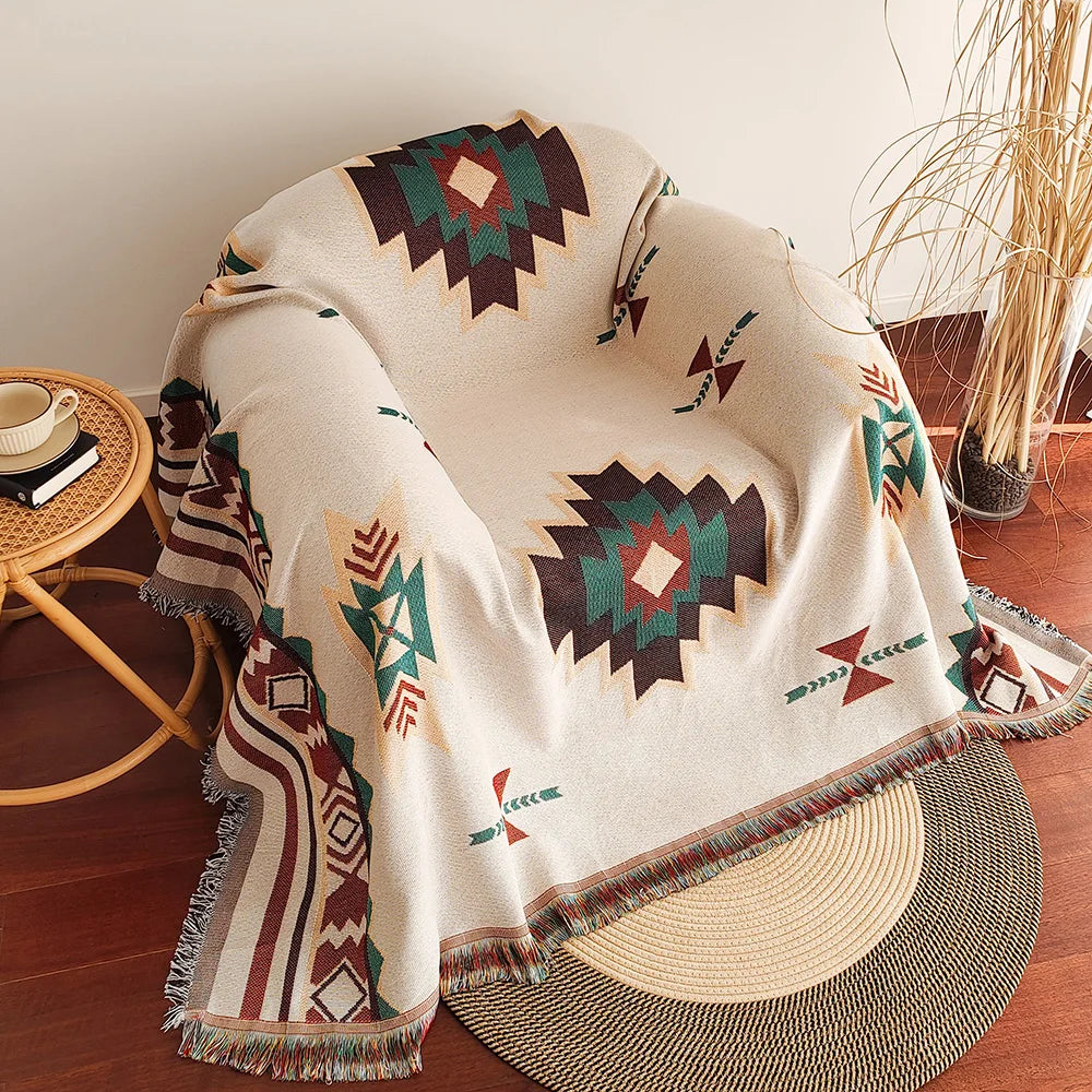 Oversized Boho Throw Blanket with Fringe, Southwestern Geometric Tapestry Vintage Woven Throw Blankets, Double-Sided