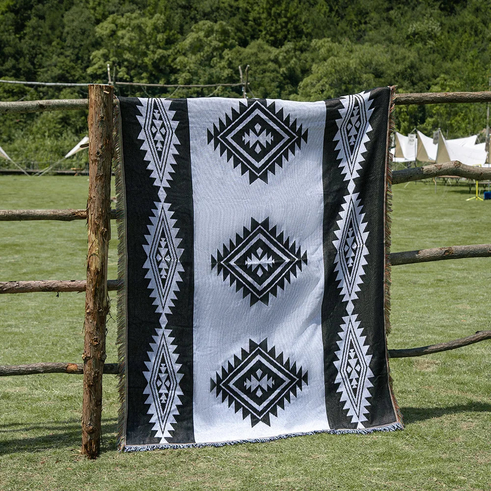 Hippie, Summer of Love, Boho, Geometric Shape Knit Blanket Cotton Linen