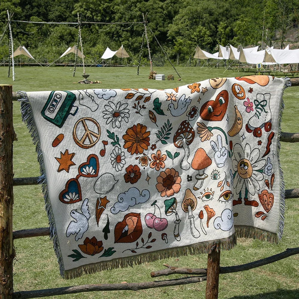 Hippie, Summer of Love, Boho, Geometric Shape Knit Blanket Cotton Linen