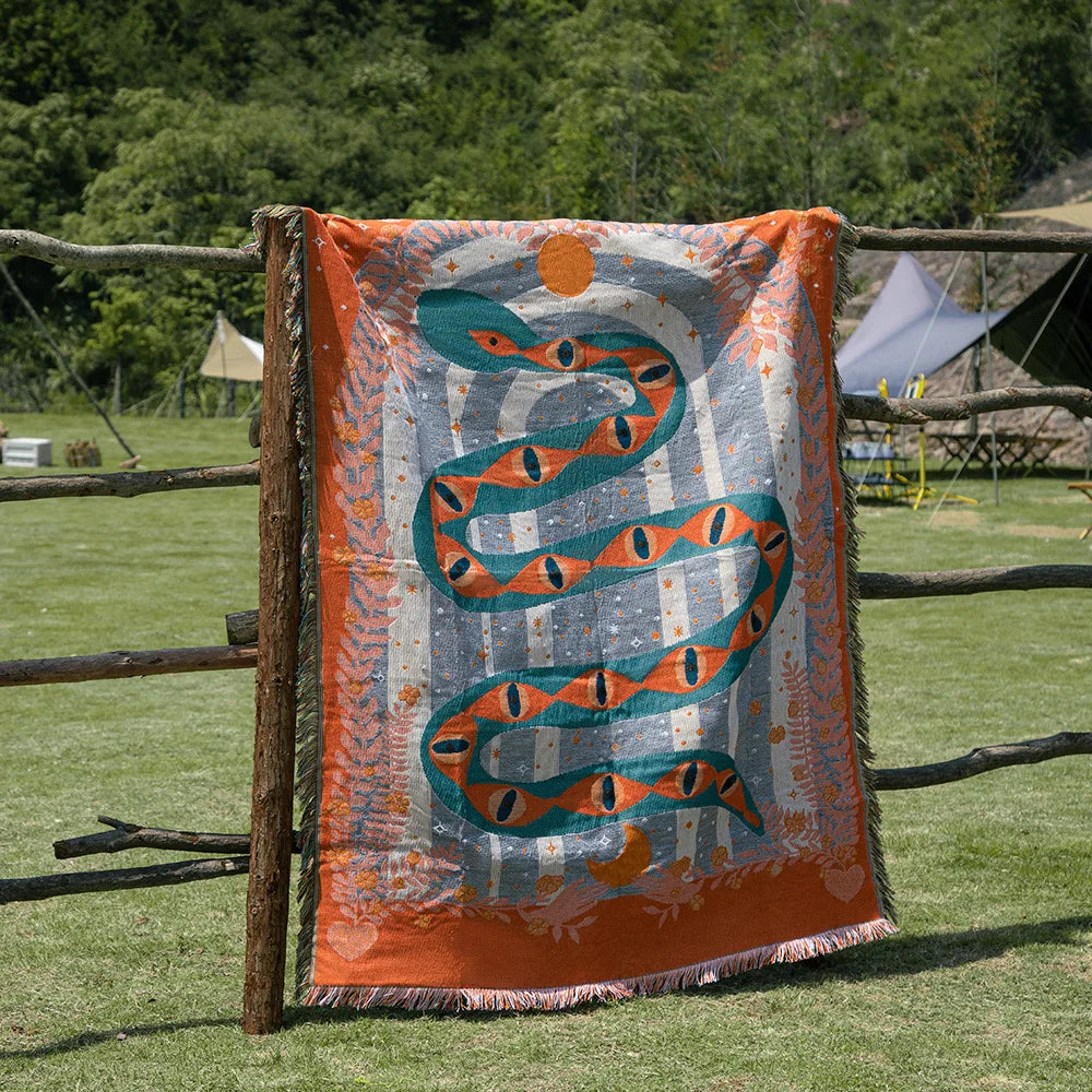 Hippie, Summer of Love, Boho, Geometric Shape Knit Blanket Cotton Linen