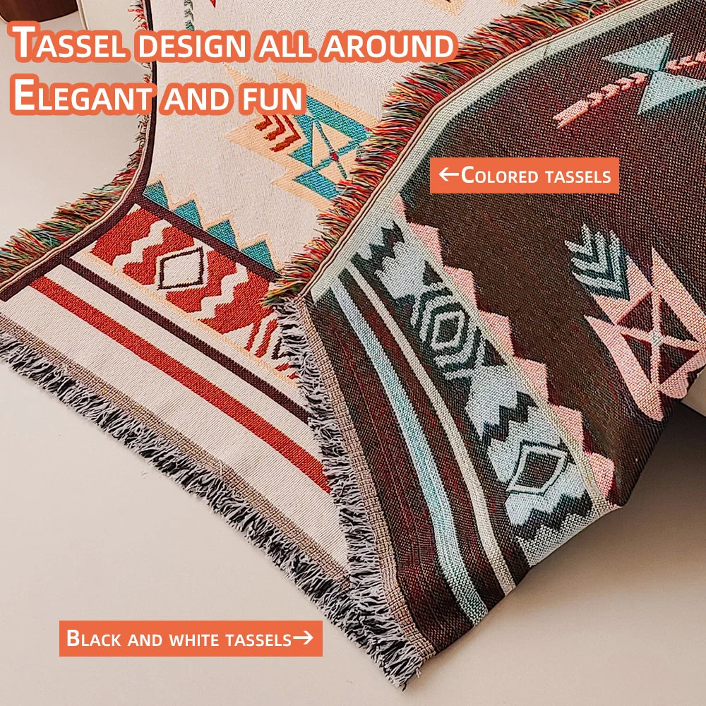 Oversized Boho Throw Blanket with Fringe, Southwestern Geometric Tapestry Vintage Woven Throw Blankets, Double-Sided