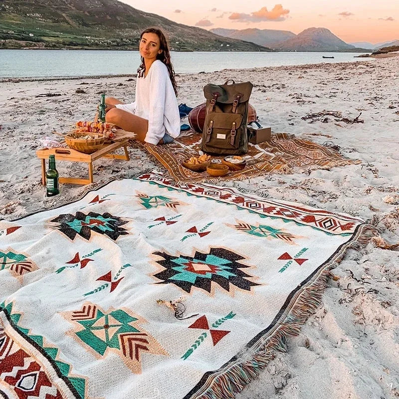 Ethnic Bohemian Blankets Outdoor Beach Picnic Blanket Striped Boho Linen